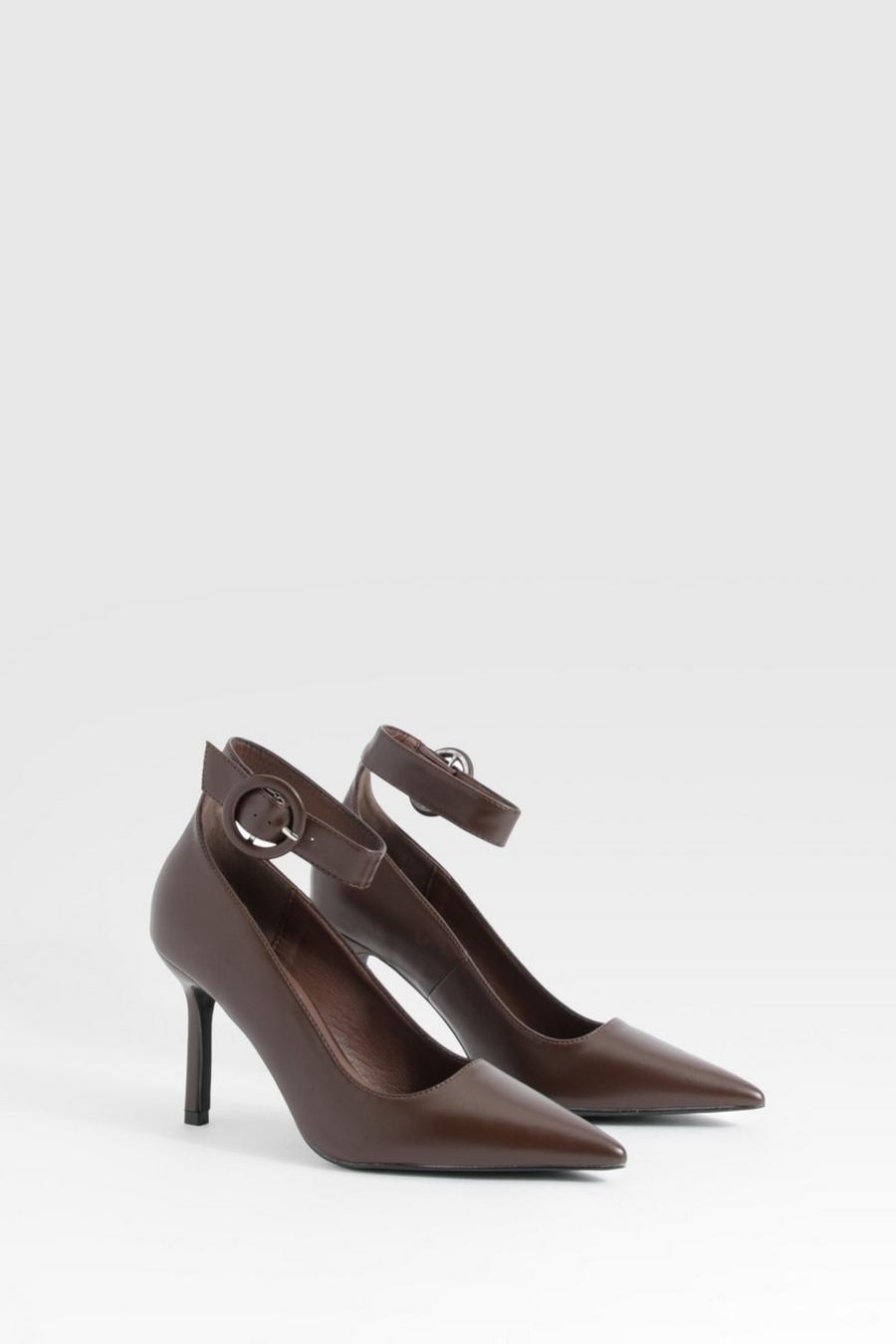 Chocolate Buckle Detail Court Shoes image number 1