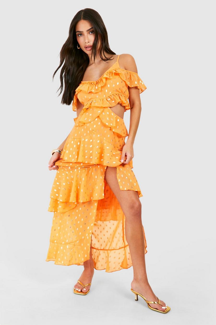 Orange Petite Långklänning med volanger och metalliceffekt image number 1