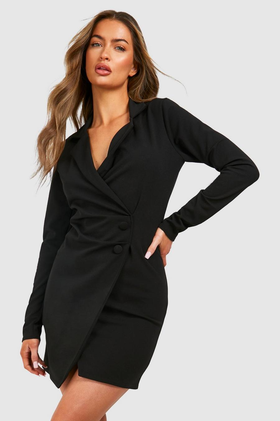 Black Ruched Front Blazer Dress