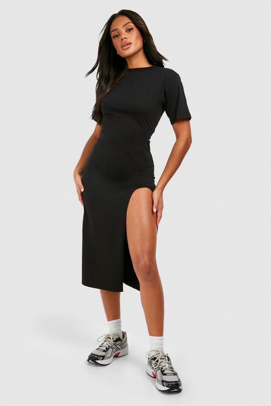 Black High Split Midaxi T-shirt Dress