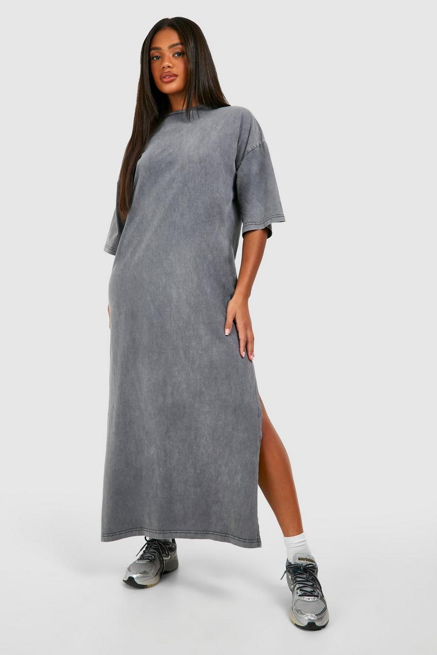 Charcoal Acid Wash Oversized Midaxi T-shirt Dress image number 1