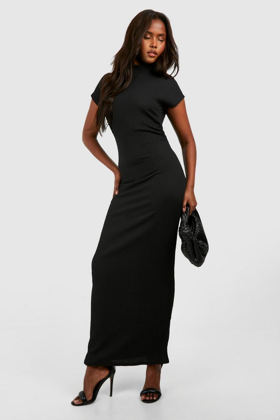 Black Crinkle High Neck Rouched Maxi Dress