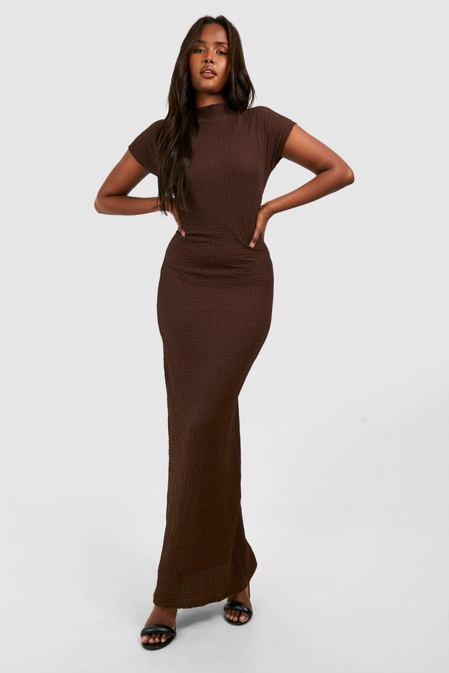 Chocolate Crinkle High Neck Ruched Maxi Dress image number 1