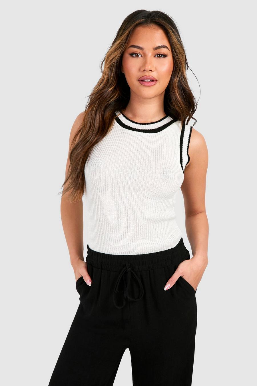 White Contrast Binding Knitted Tank Top image number 1