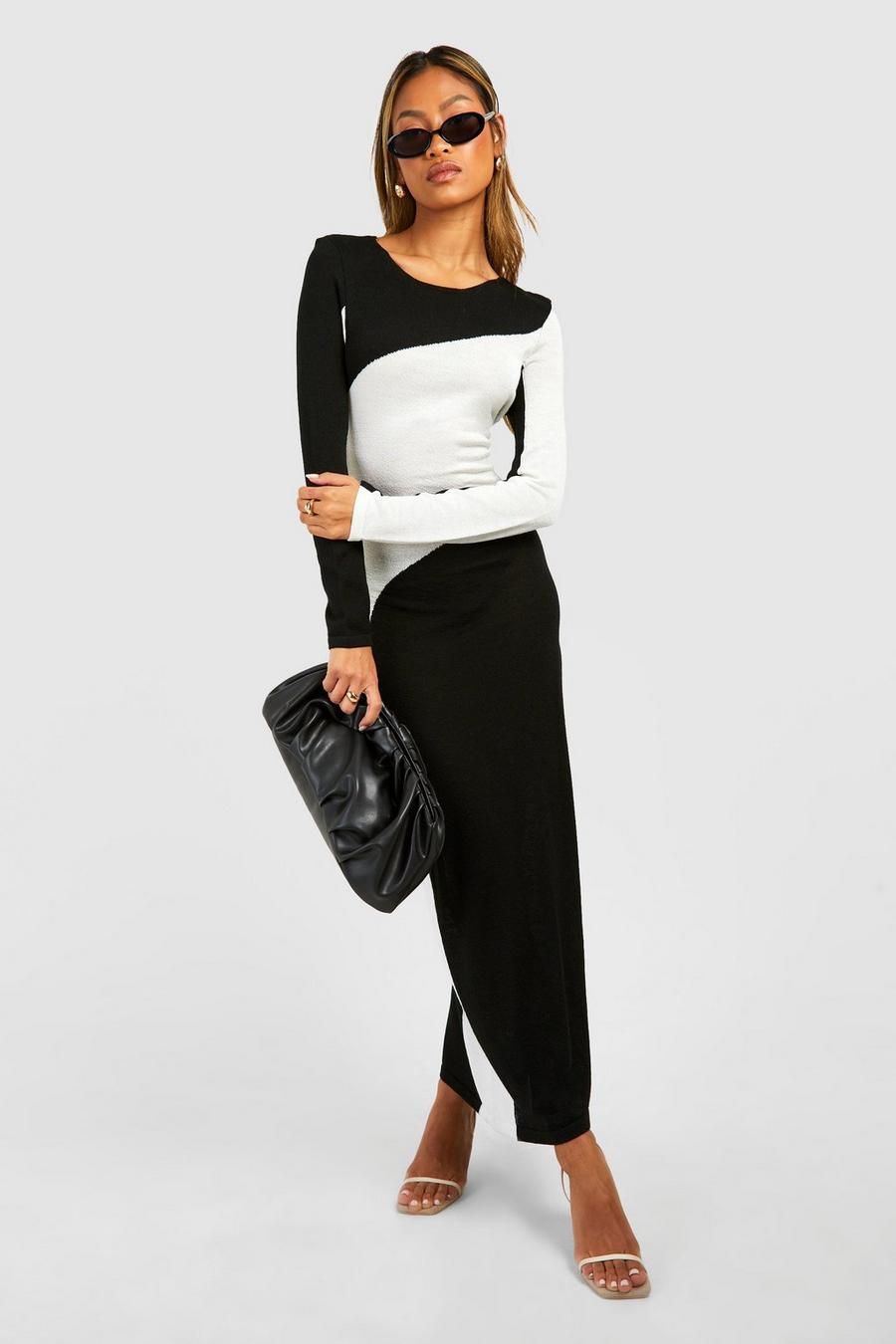 Black Monochrome Color Block Knitted Maxi Dress