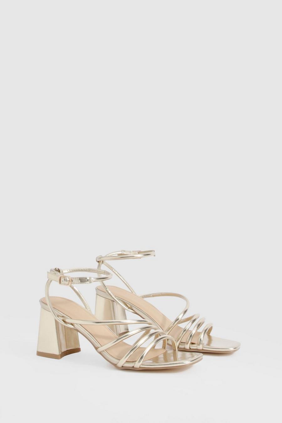 Gold Metallic Asymmetric Strap Low Block Heels