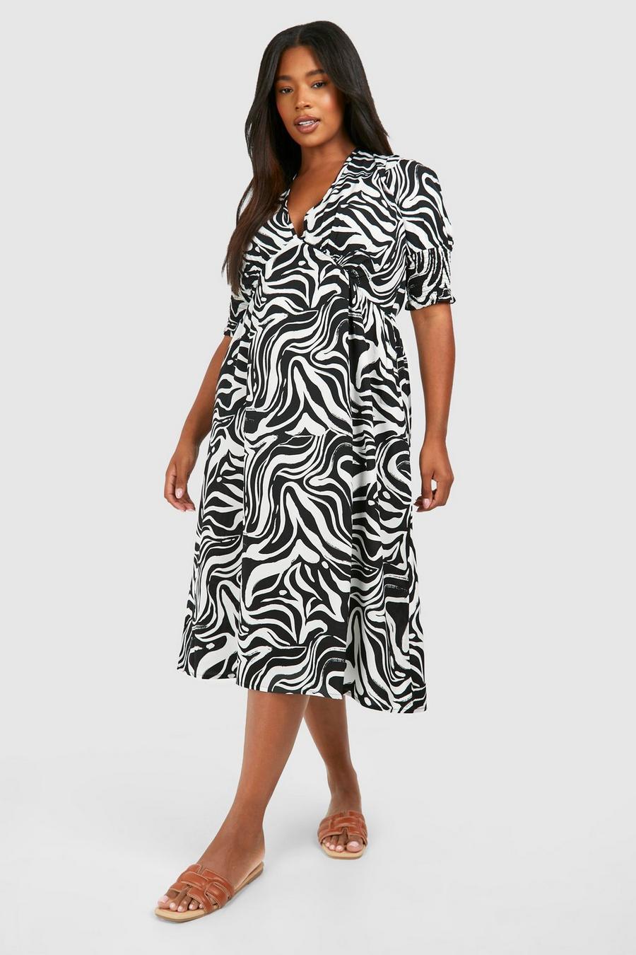 Black Plus Zebra Shirred Cuff Midi Dress