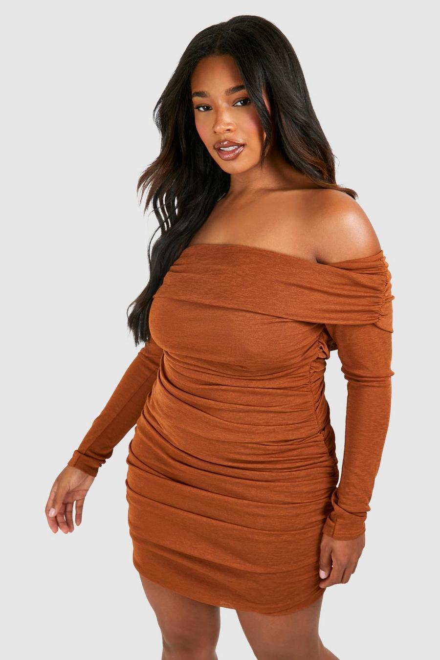 Chocolate Plus Bardot Sheer Double Layer Bodycon Dress image number 1