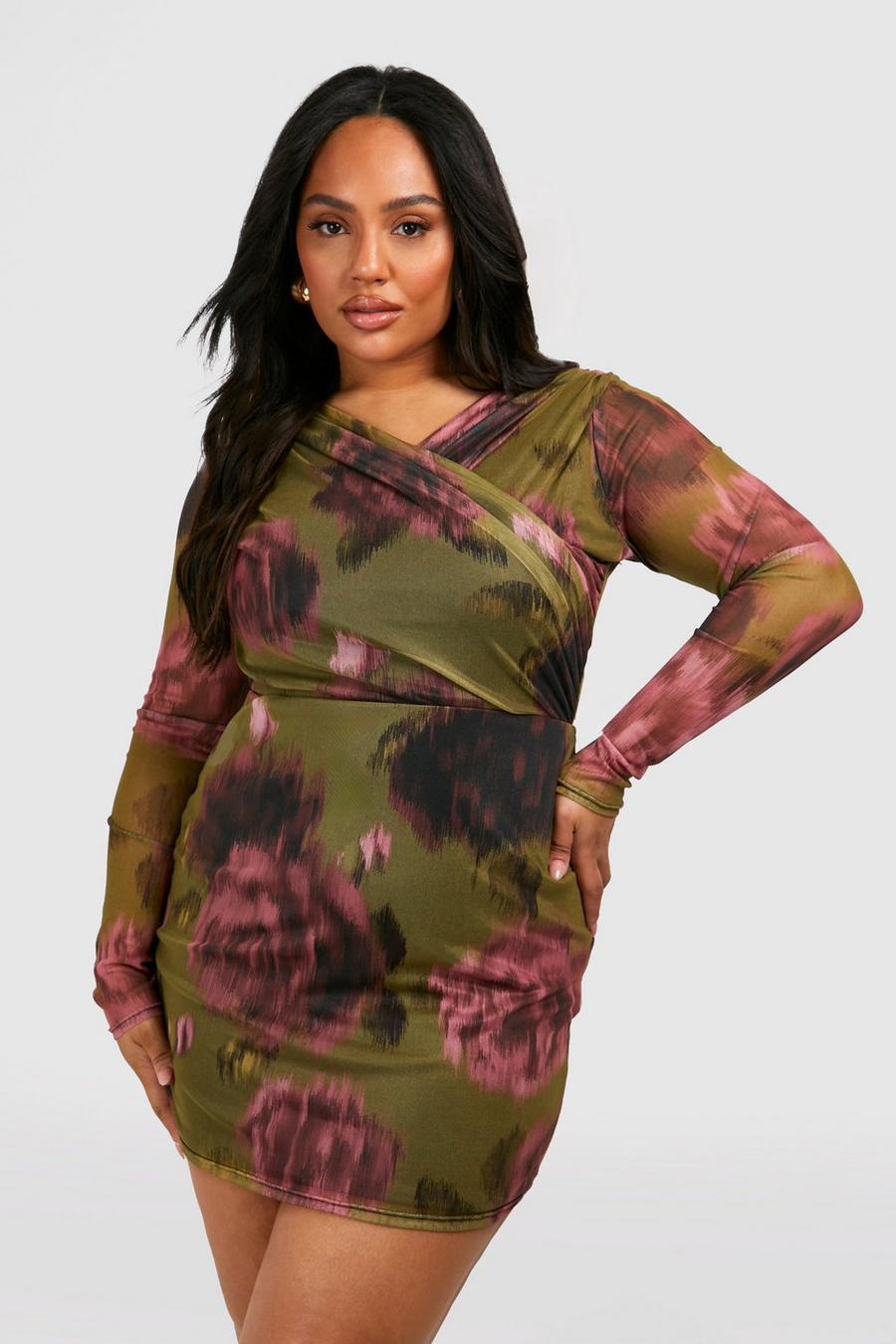 Khaki Plus Mesh Bodycon Jurk Met Abstracte Bloemenprint