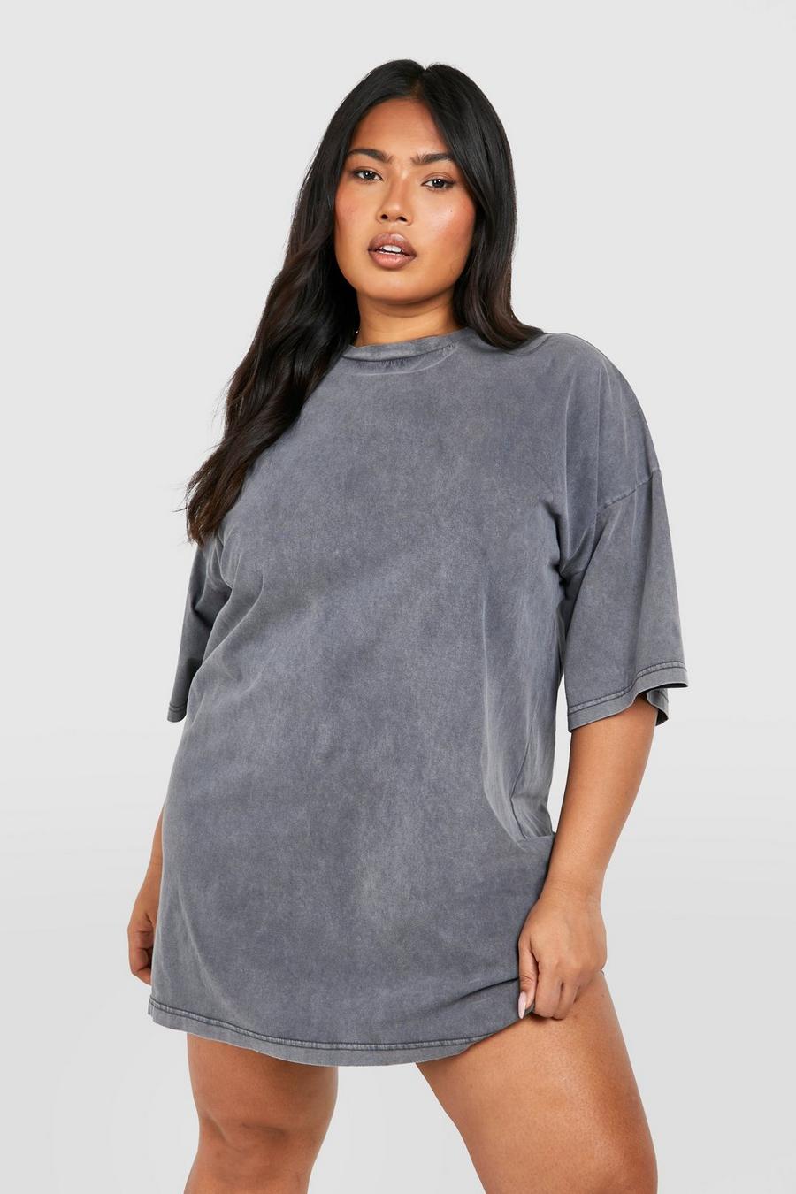 Vestido camiseta Plus oversize con lavado de ácido, Charcoal image number 1