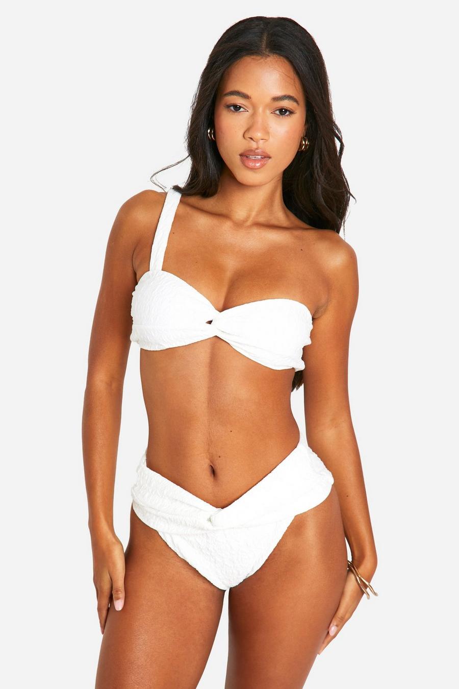Cream Twist Detail One Shoulder Textured Bikini Set image number 1