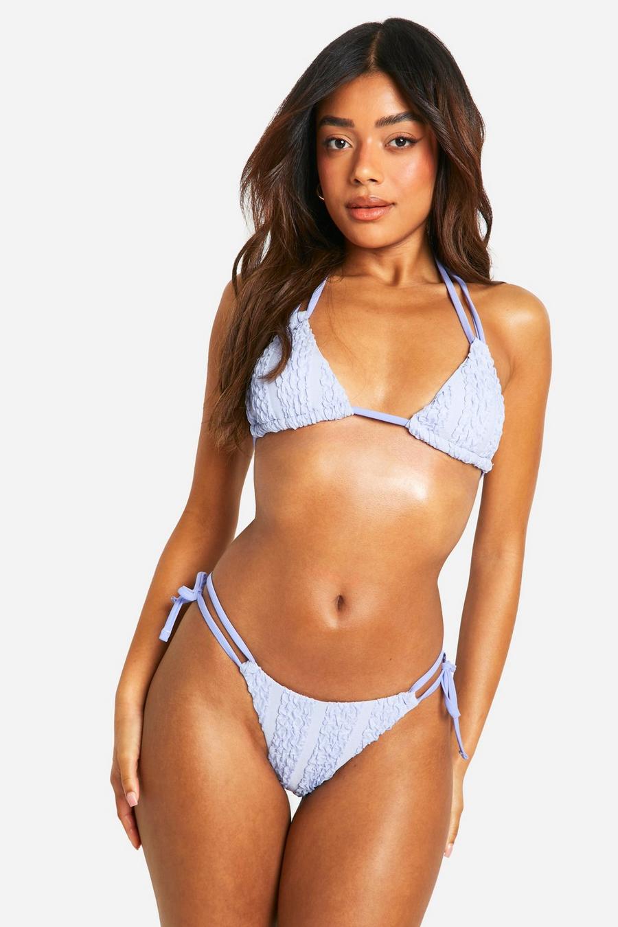 Lilac Driehoekige Bikini Set Met Ruches, Textuur En Dubbele Bandjes