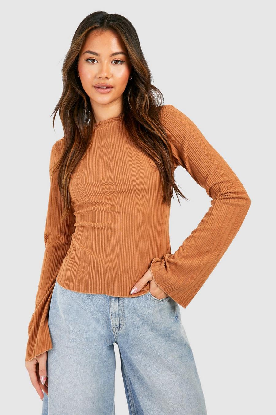 Rust Rib Flare Sleeve Backless Top  image number 1