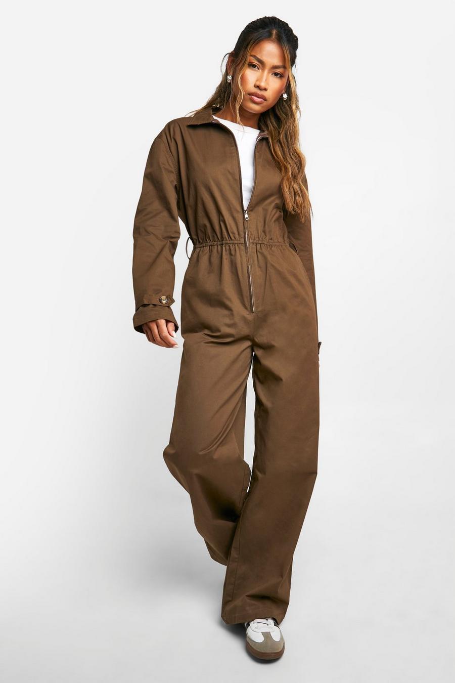 Chocolate Cargo Woven Utility Zip Jumpsuit  image number 1