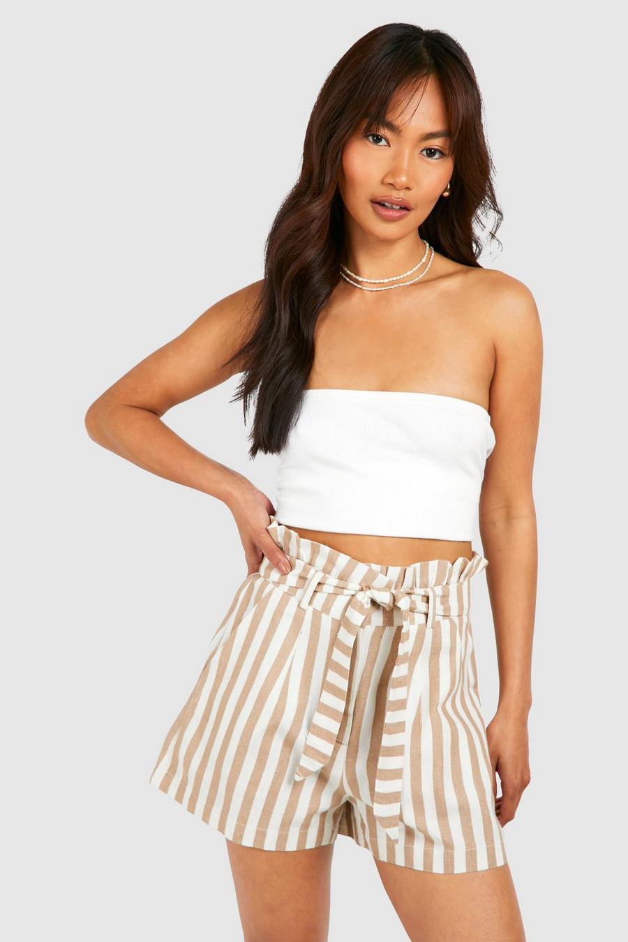 Striped Paperbag Waist Shorts , Cream