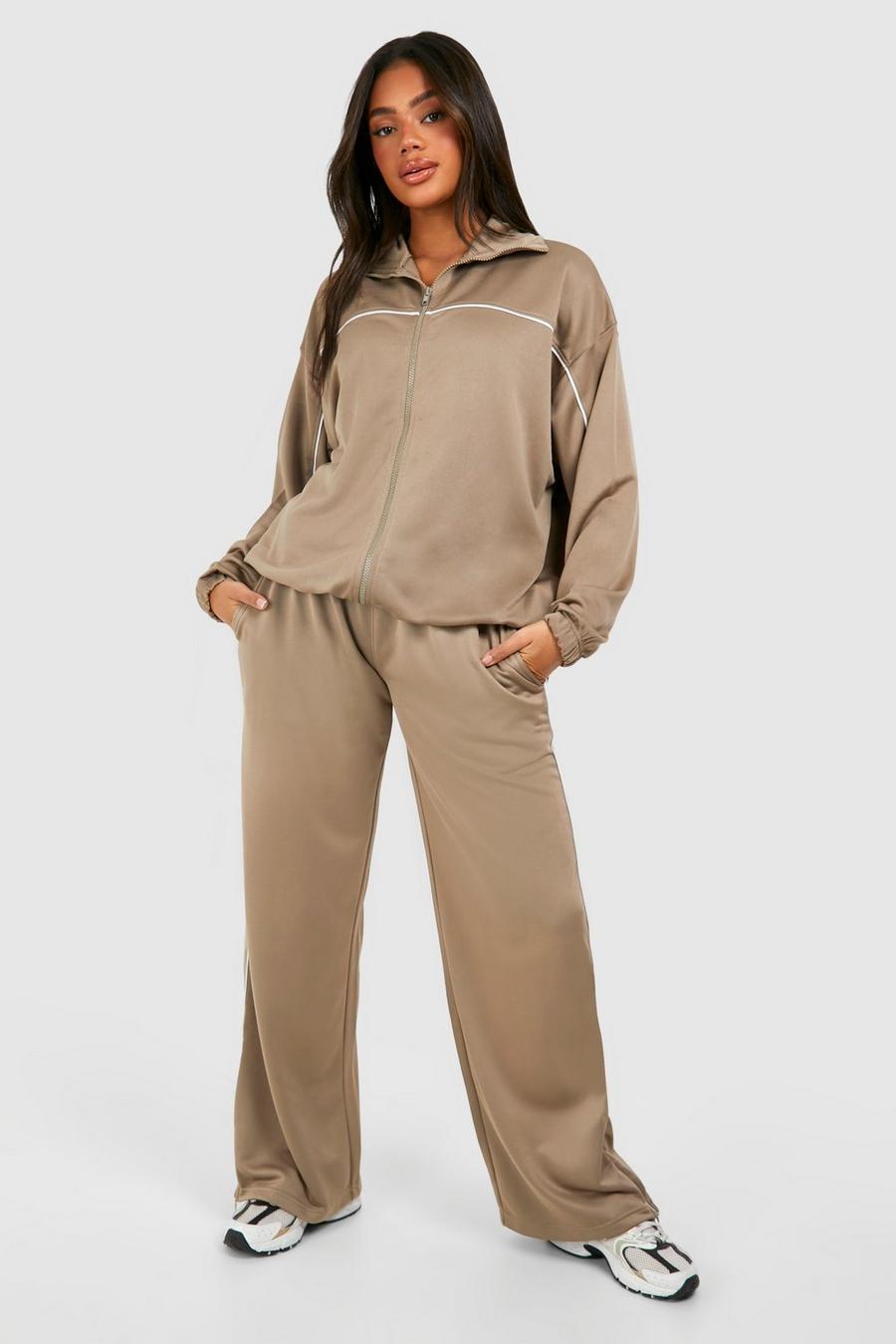 Khaki Tricot Piping Detail Zip Through Sweatshirt Tracksuit 