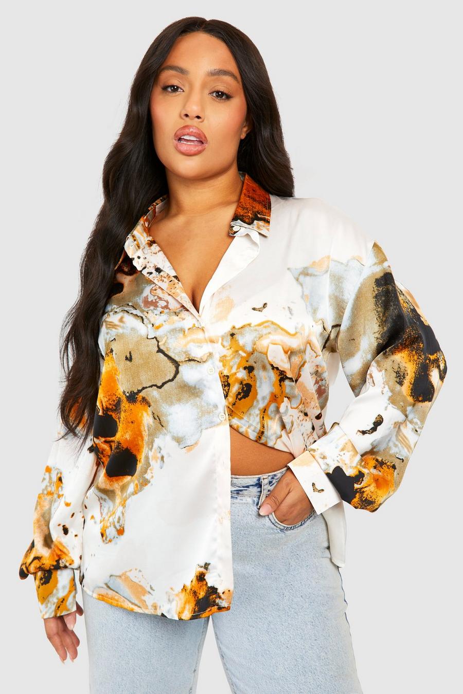 Camisa Plus oversize con estampado abstracto, Khaki