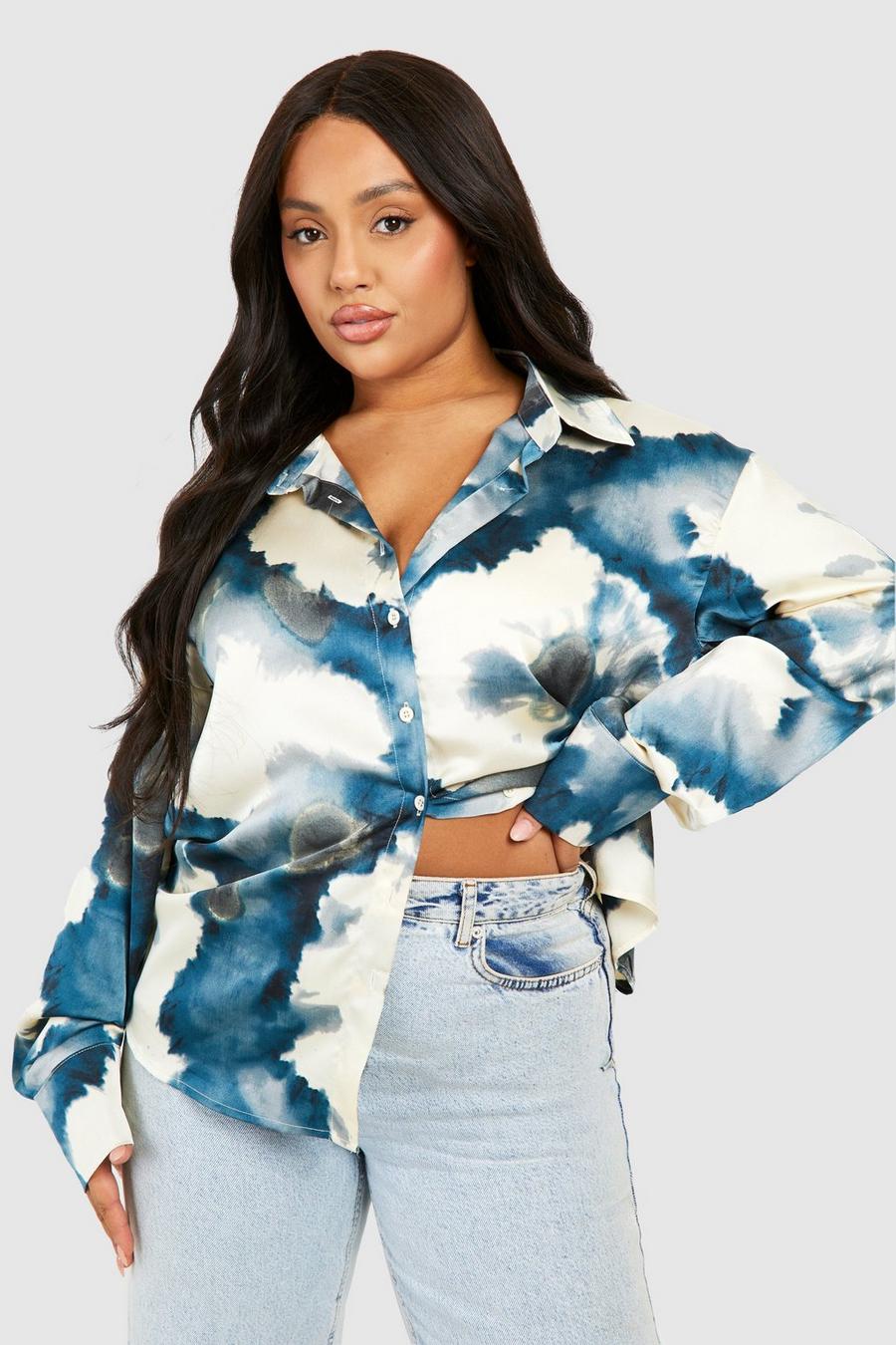 Camicia Plus Size oversize con stampa acquerello, Blue