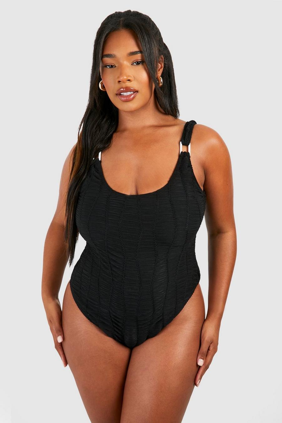 Black Plus Square Neck Textured Swimsuit image number 1