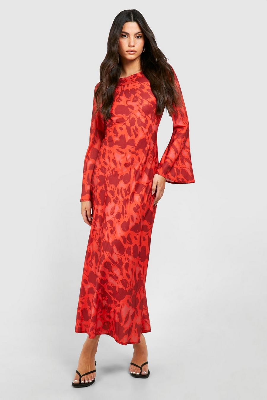 Red Floral Flare Sleeve Maxi Dress