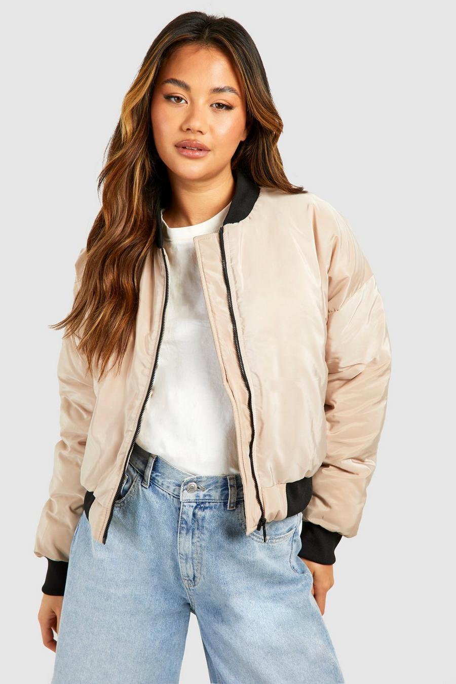 Stone Nylon Oversized Contrast Rib Bomber Jacket 