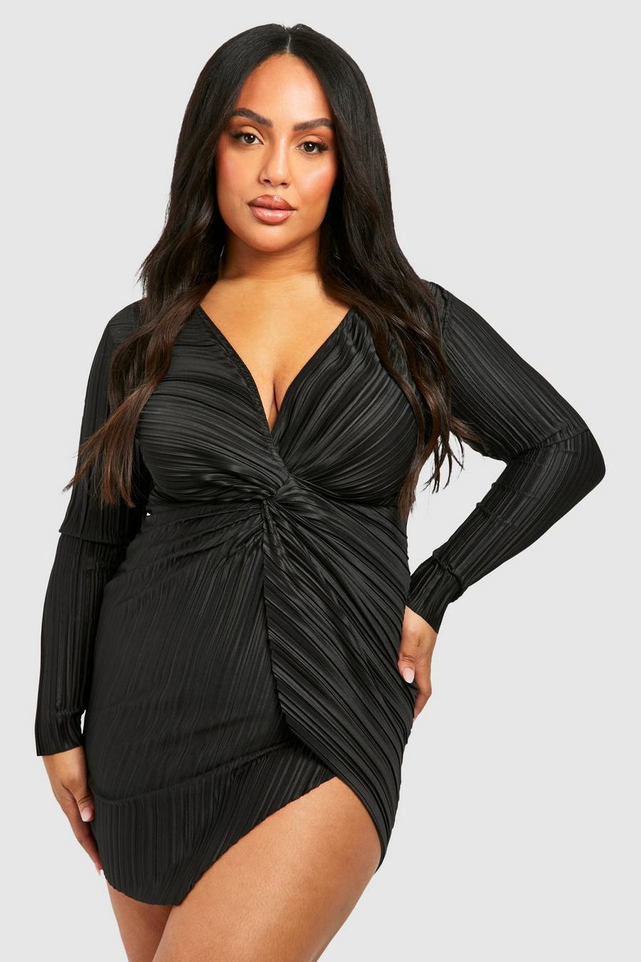 Black Plus Wide Plisse Twist Front Wrap Dress