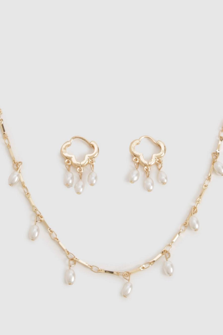 Pearl Detail Hoop Earrings & Necklace Multipack , Gold