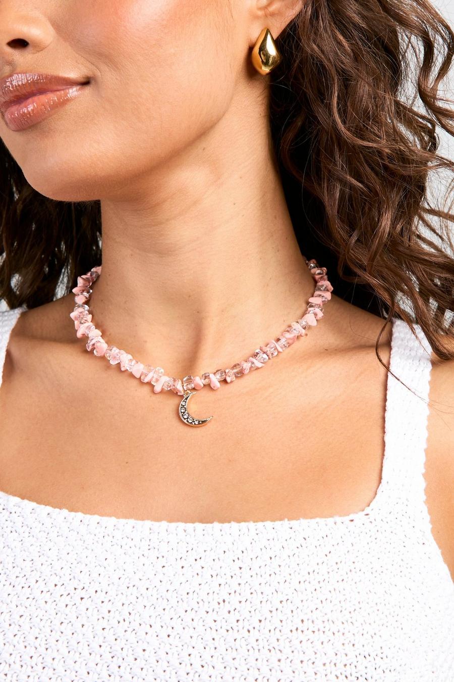 Collier à pendentif lune et perles roses, Pink image number 1