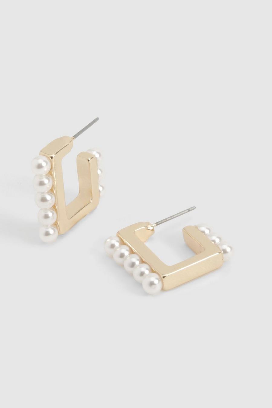 Gold Pearl Detail Square Hoop Earrings  image number 1