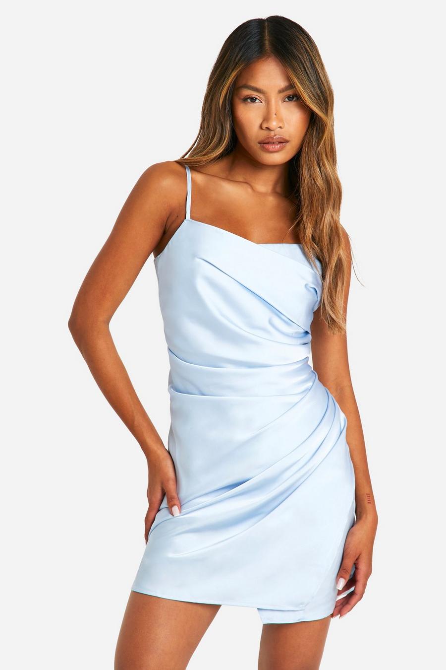 Pale blue Satin Draped Mini Slip Dress