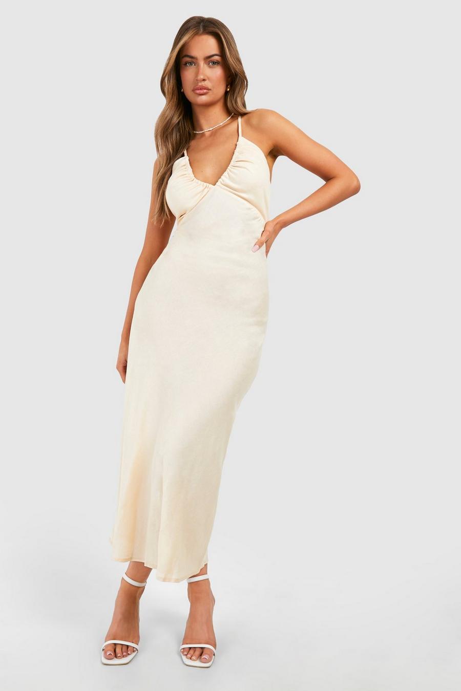 Stone Linen Look Strappy Midi Dress image number 1