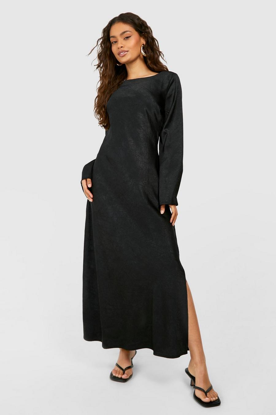 Black Textured Satin Column Maxi Dress image number 1