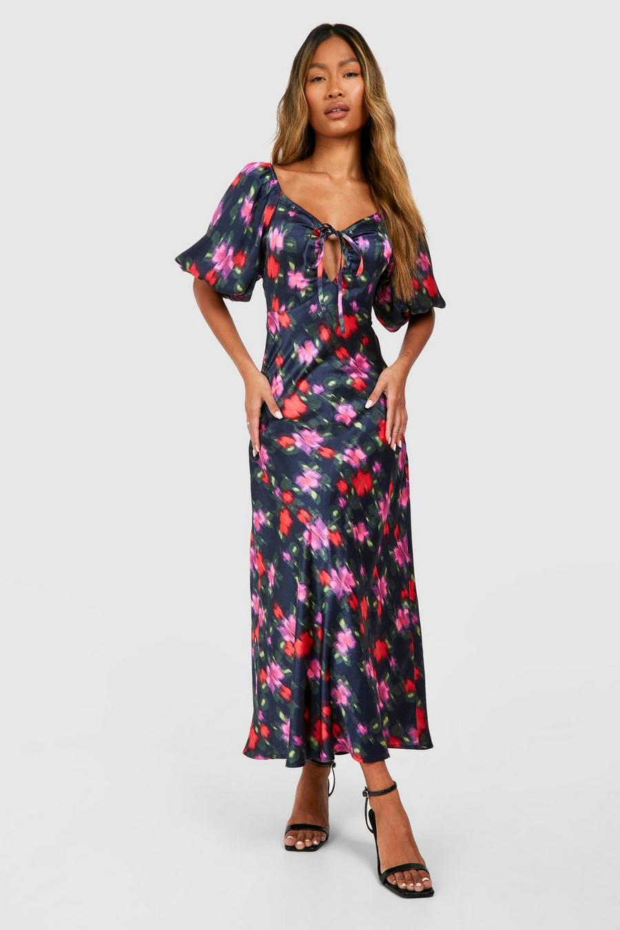 Multi Blur Floral Satin Puff Sleeve Midi Dress image number 1