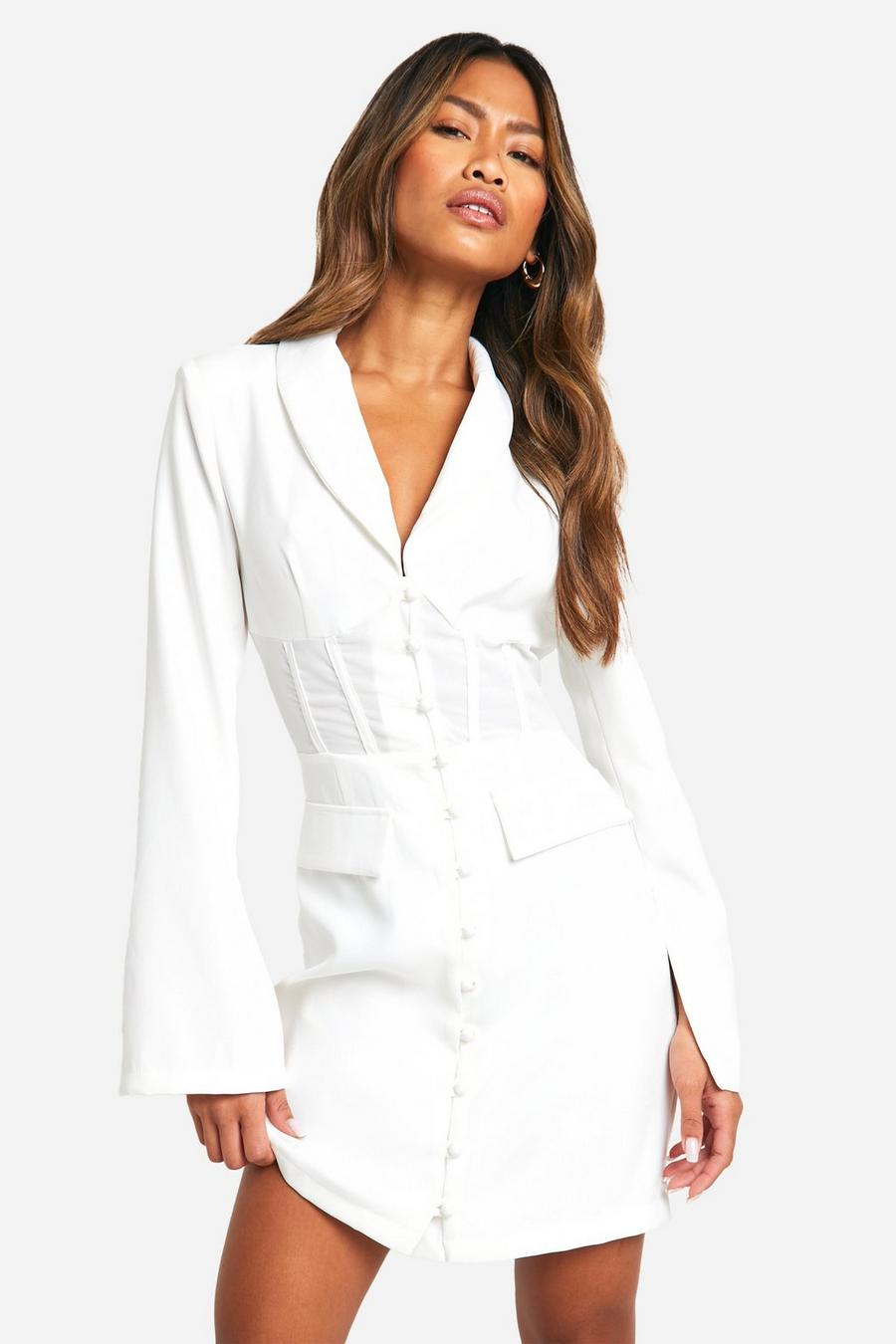 Ivory Fitted Corset Waist Tailored Blazer Dress image number 1