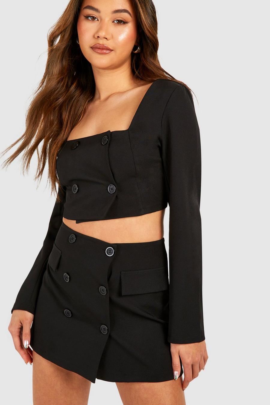 Black Wrap Front Button Detail Mini Skirt