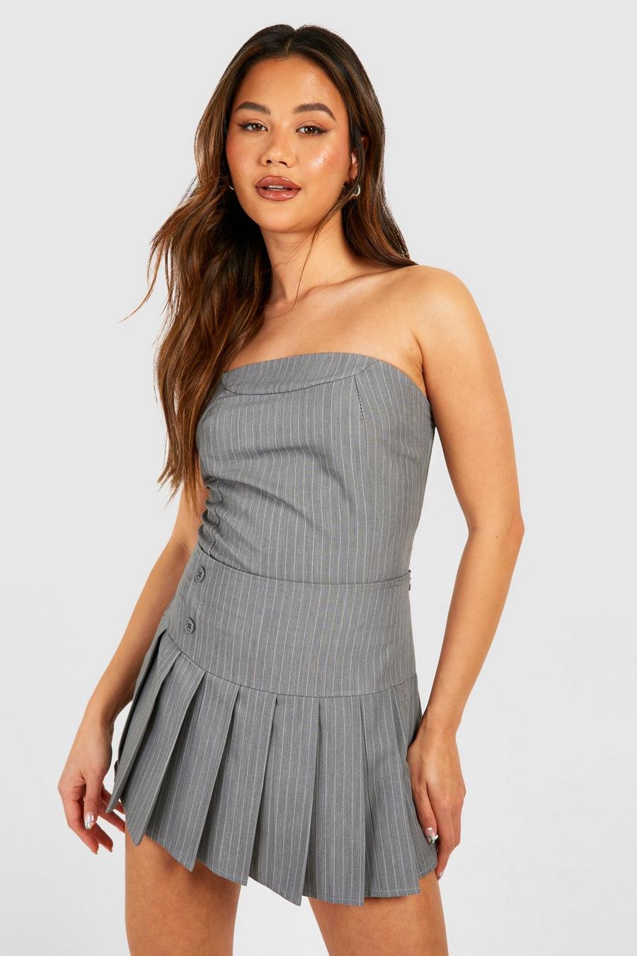 Grey Pinstripe Pleated Micro Mini Skirt