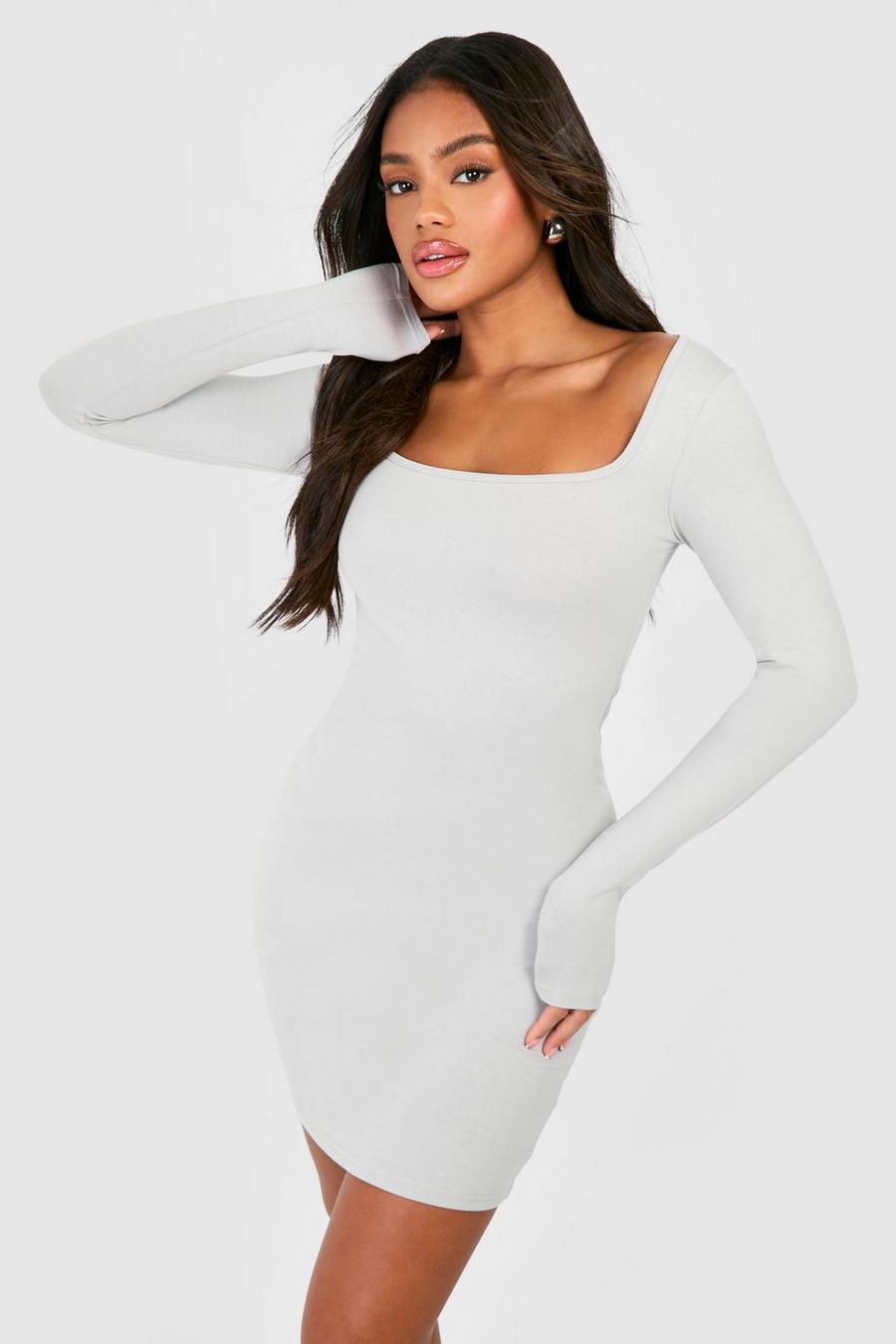 Grey Square Neck Modal Long Sleeve Bodycon Dress image number 1