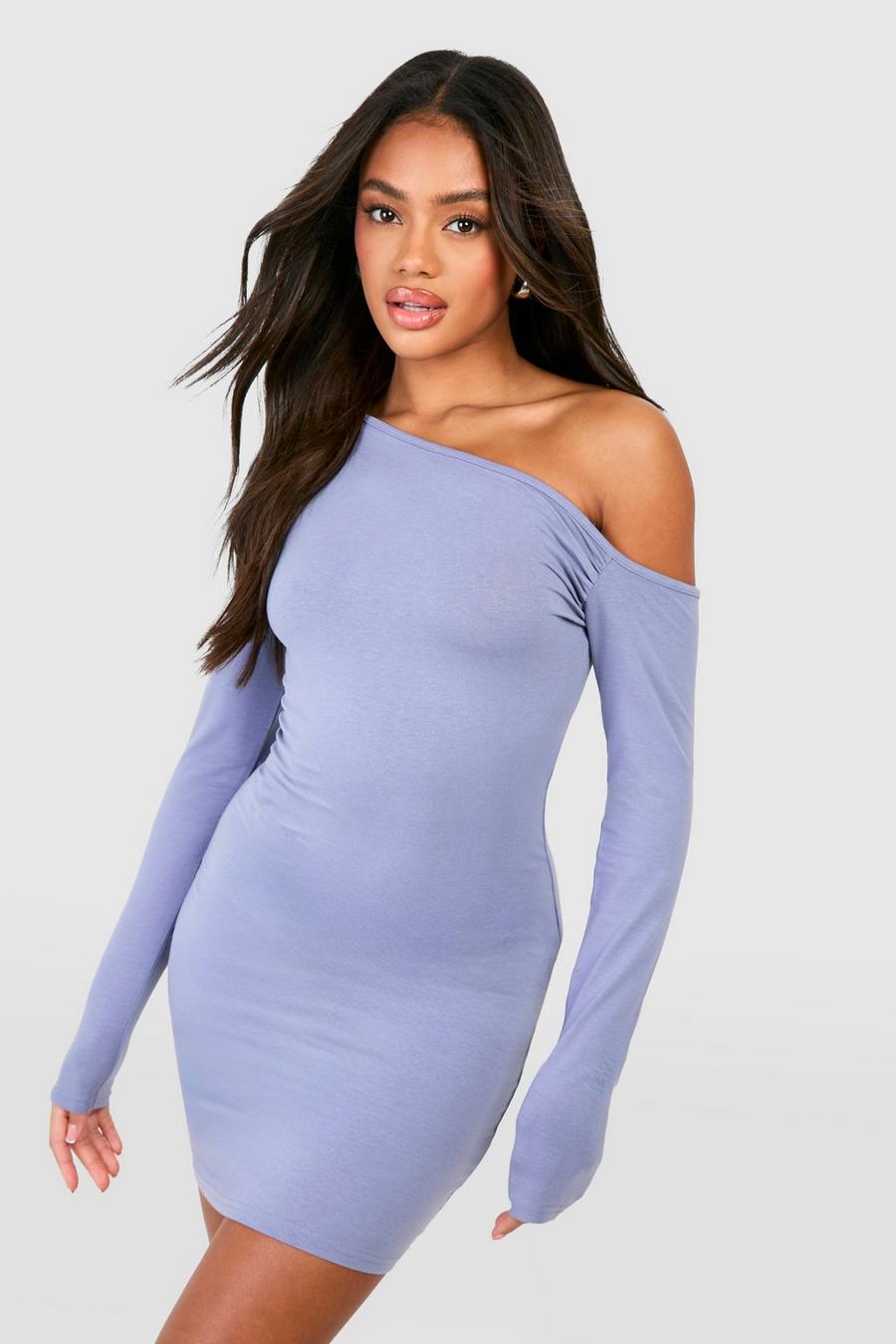 Blue Ruched Bardot Long Sleeve Mini Dress image number 1