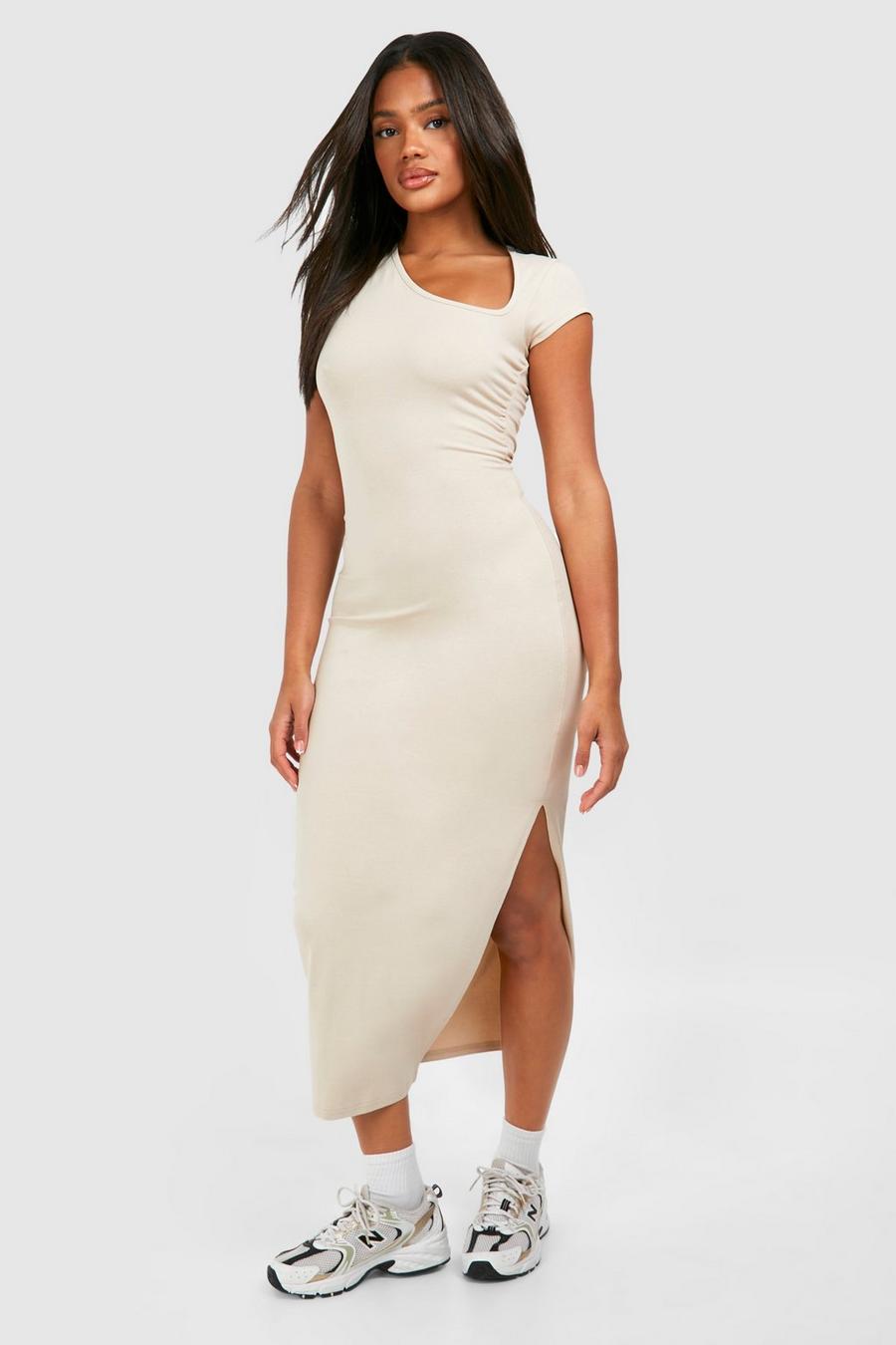 Robe mi-longue froncée asymétrique, Stone