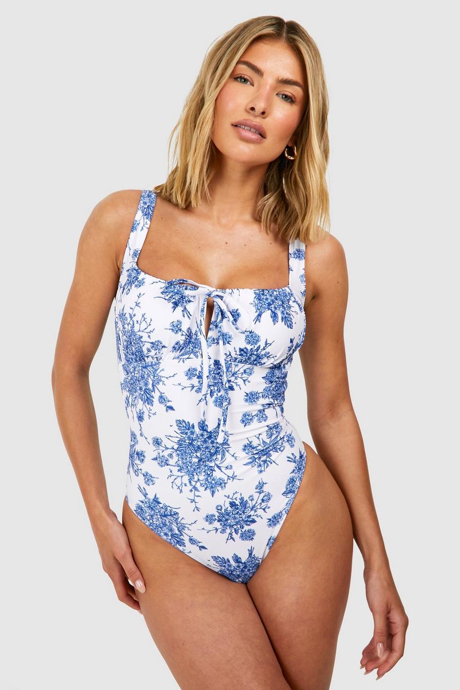 Blue Floral Ruched Detail Swimsuit image number 1