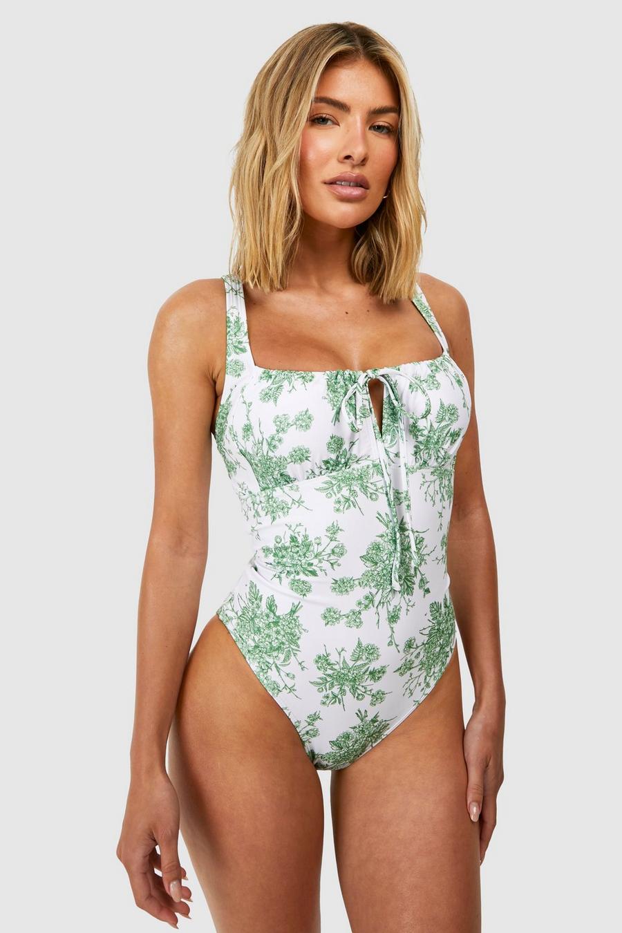 Green Floral Ruched Detail Swimsuit image number 1