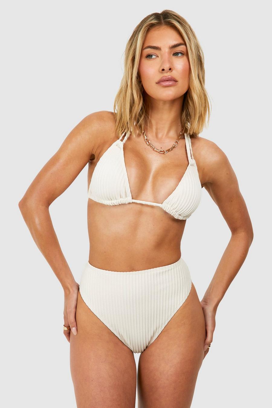 Bikini texturé avec haut brassière et bas taille haute, Ivory image number 1