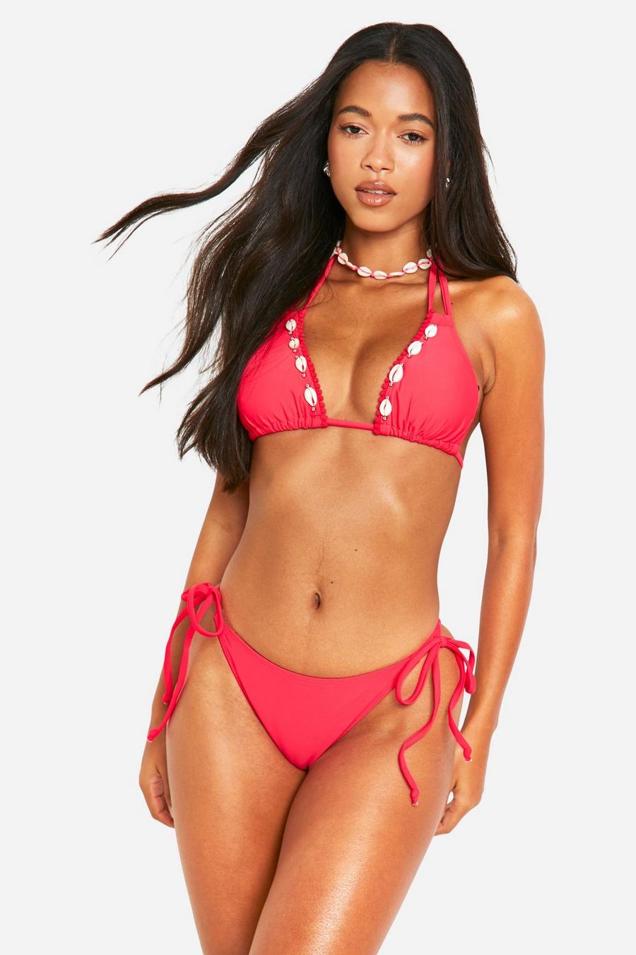 Red Geplooide Driehoekige Bikini Set Met Schelpen Zoom