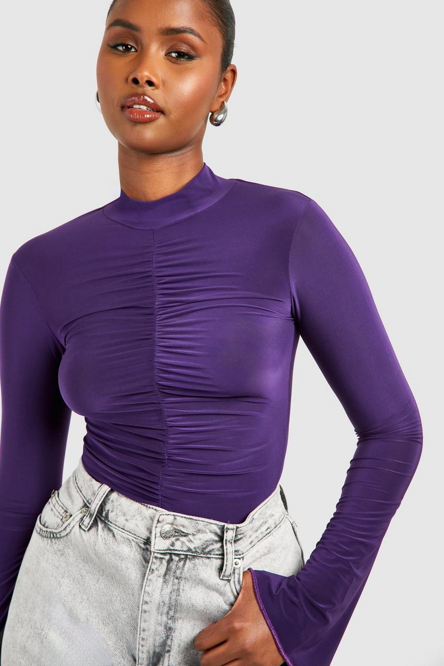 Plum High Neck Slinky Ruched Bodysuit   image number 1