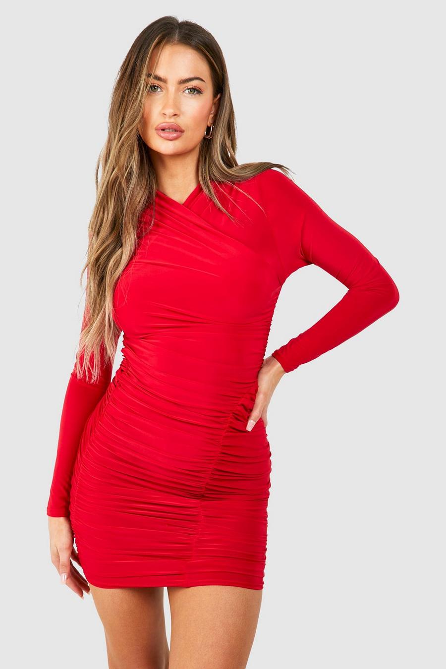 Red Wrap Over Slinky Bodycon Dress image number 1
