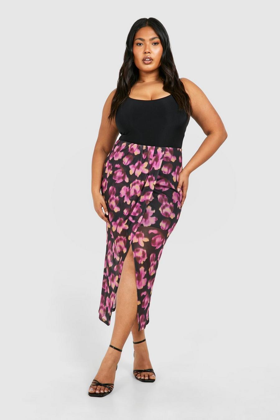 Black Plus Floral Print Wrap Detail Split Midaxi Skirt  image number 1