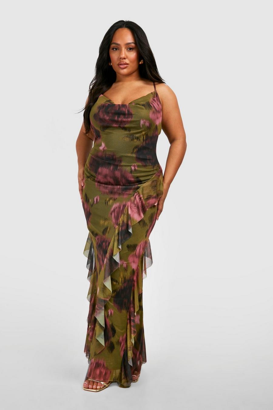 Khaki Plus Floral Print Mesh Ruffle Detail Maxi Dress 
