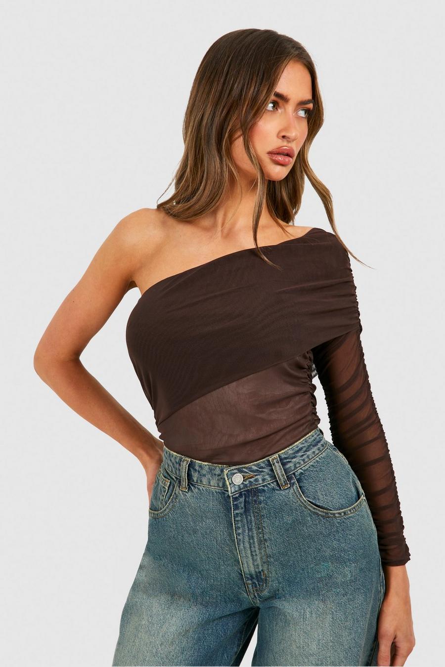 Chocolate Mesh Ruched Off The Shoulder Asymmetric Bodysuit image number 1