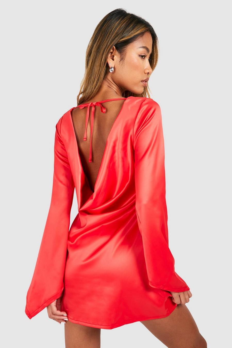 Red Satin Flared Sleeve Cowl Back Mini Dress