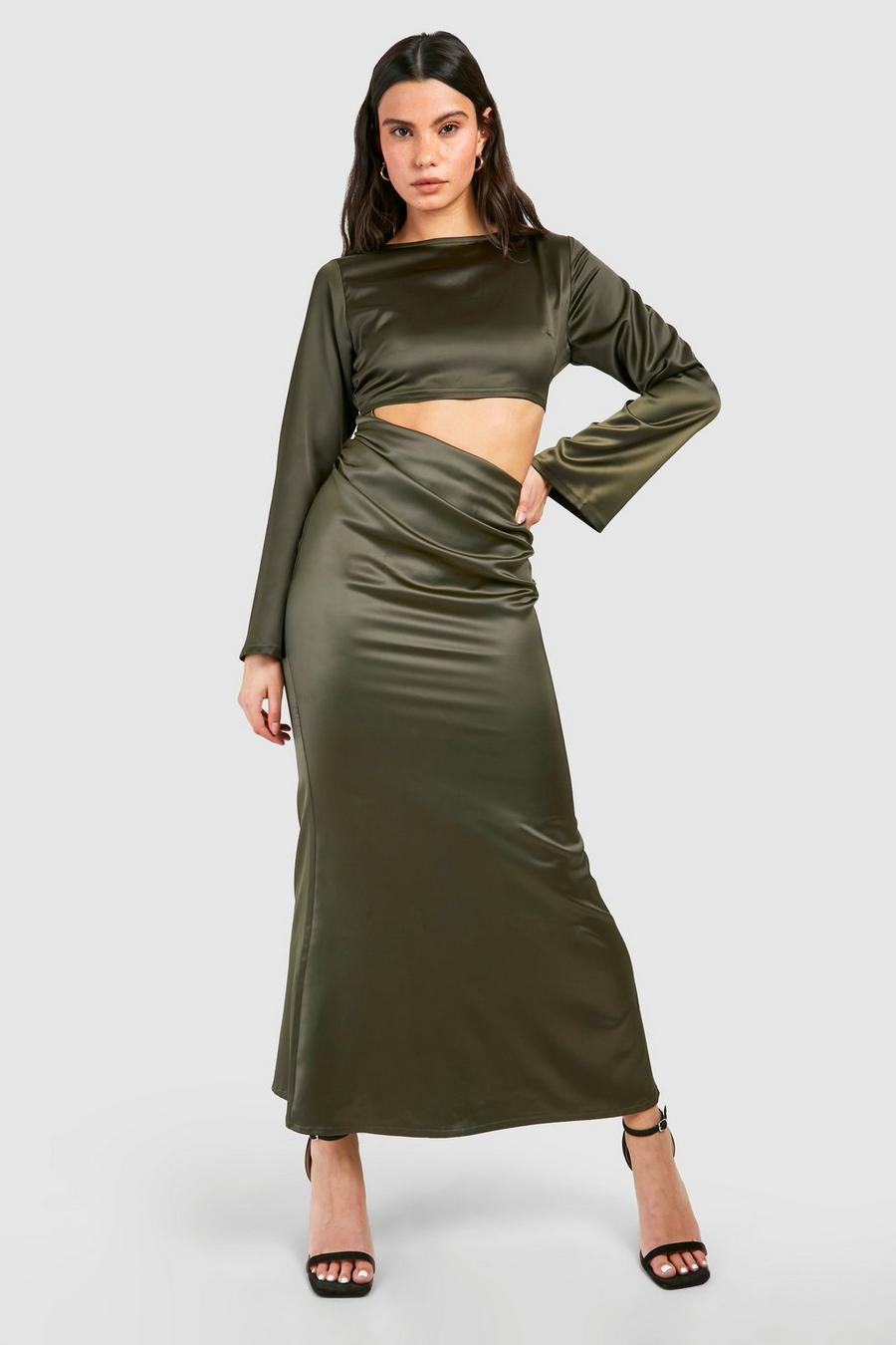 Khaki Satin Cut Out Long Sleeve Maxi Dress